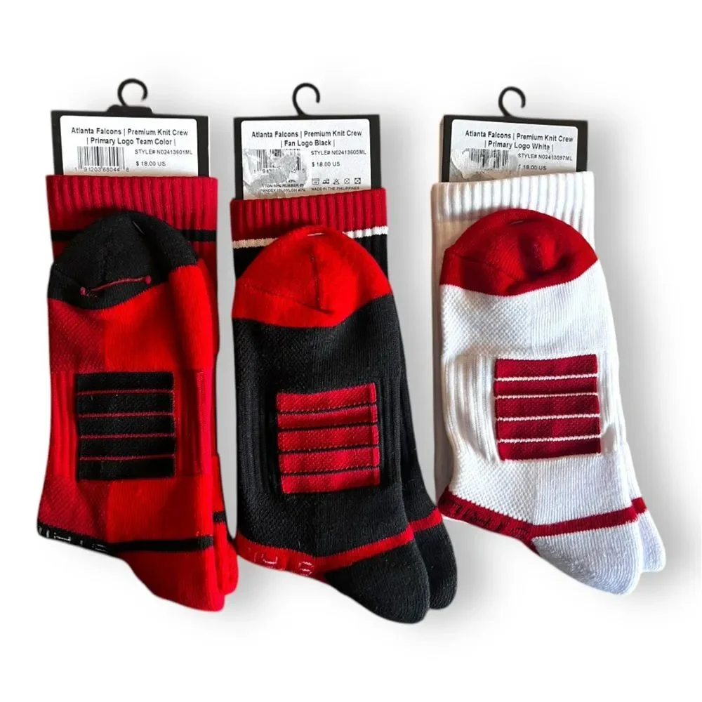 NWT Atlanta Falcons NFL Logo Crew Socks Black/Red/White 3 Pair Bundle Size M/L